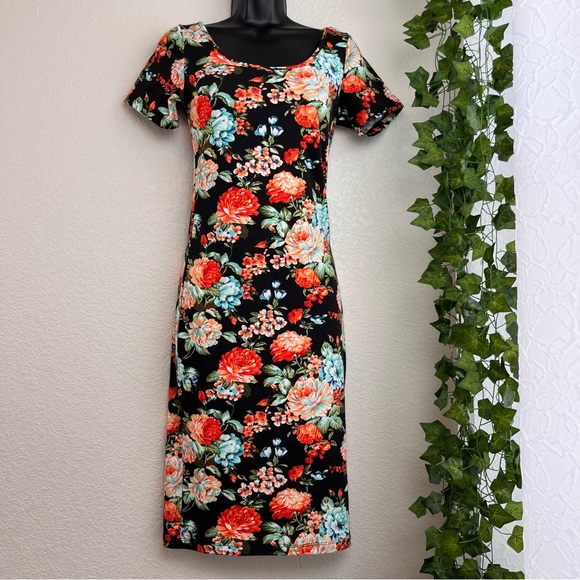 Floral Bodycon Orange and Black Midi Dress - Picture 1 of 8